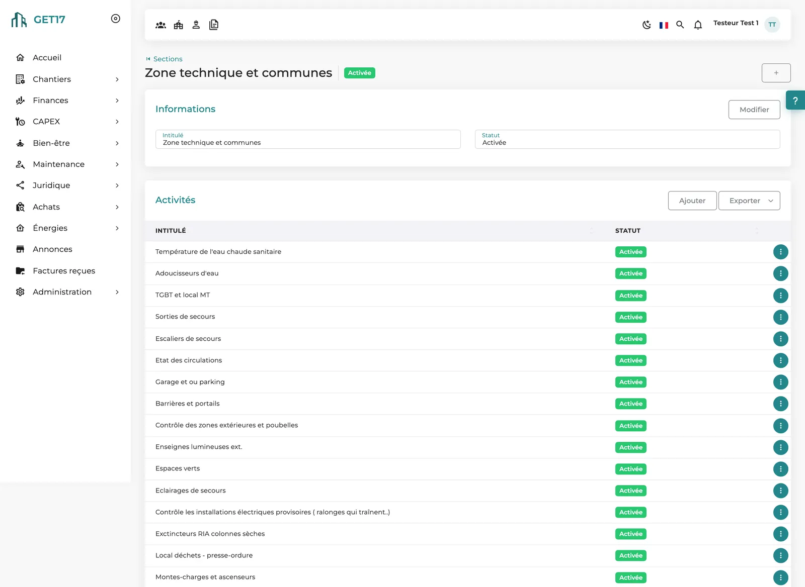 Trame d'audit : une section et ses activités, activables une à une et exportables.
