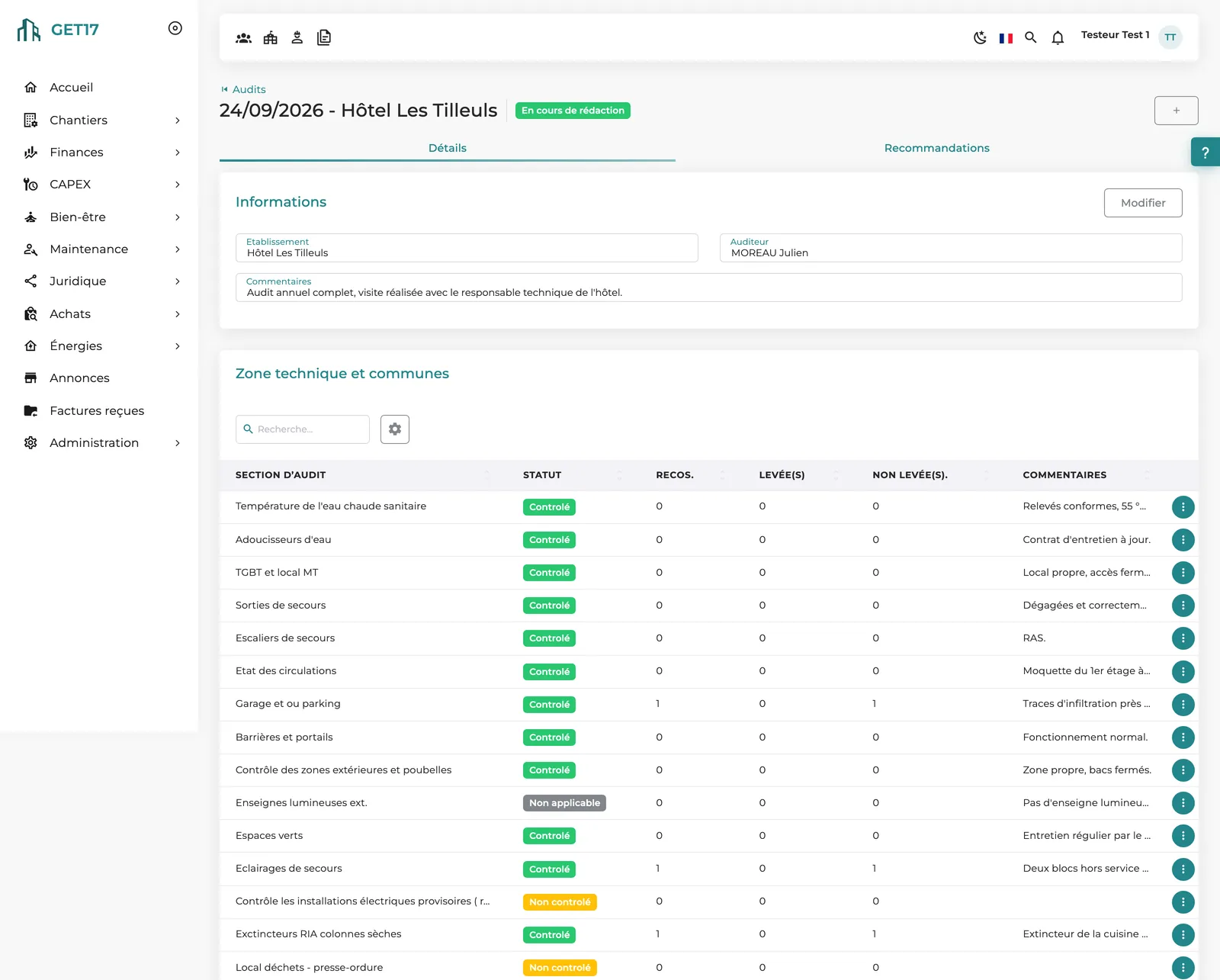 Audit en cours de rédaction : statut, recommandations et commentaire de chaque activité, section par section.