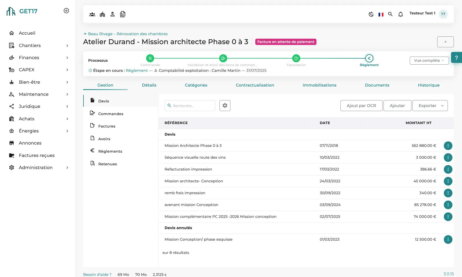 An order and its process timeline: quotes, purchase orders, invoices, credit notes, payments and retention.
