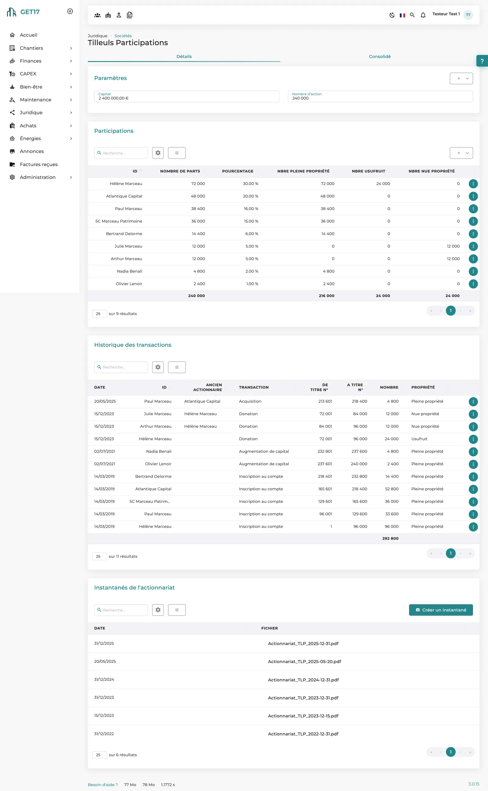 Actionnariat d'une société : participations, historique des transactions par plages de titres et instantanés PDF.